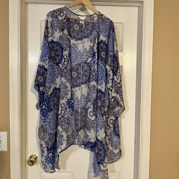 K. Jordan Tops - K. Jordan Boho Blue Patterned Kimono Tunic Sheer Cover Up Festival Beach Pool 5X